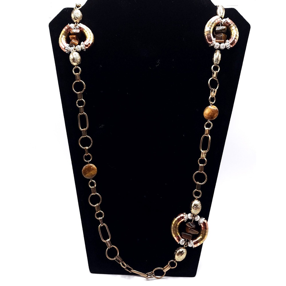 You & I Long Mixed Metal Statement Necklace Tiger Eye Style
